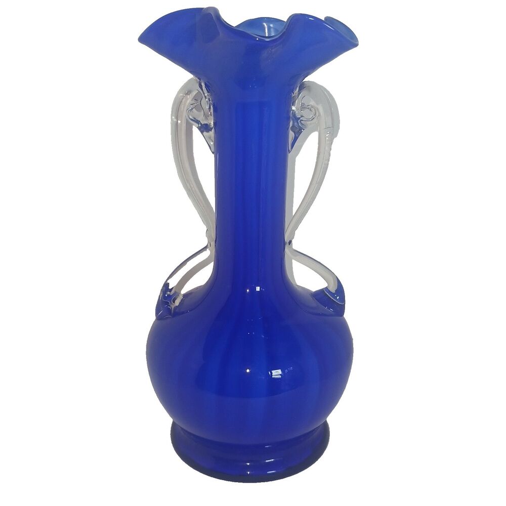 Venitian Style Art Glass Cobalt Blue Stretched Hand Blown Pontil Mark Bud Vase